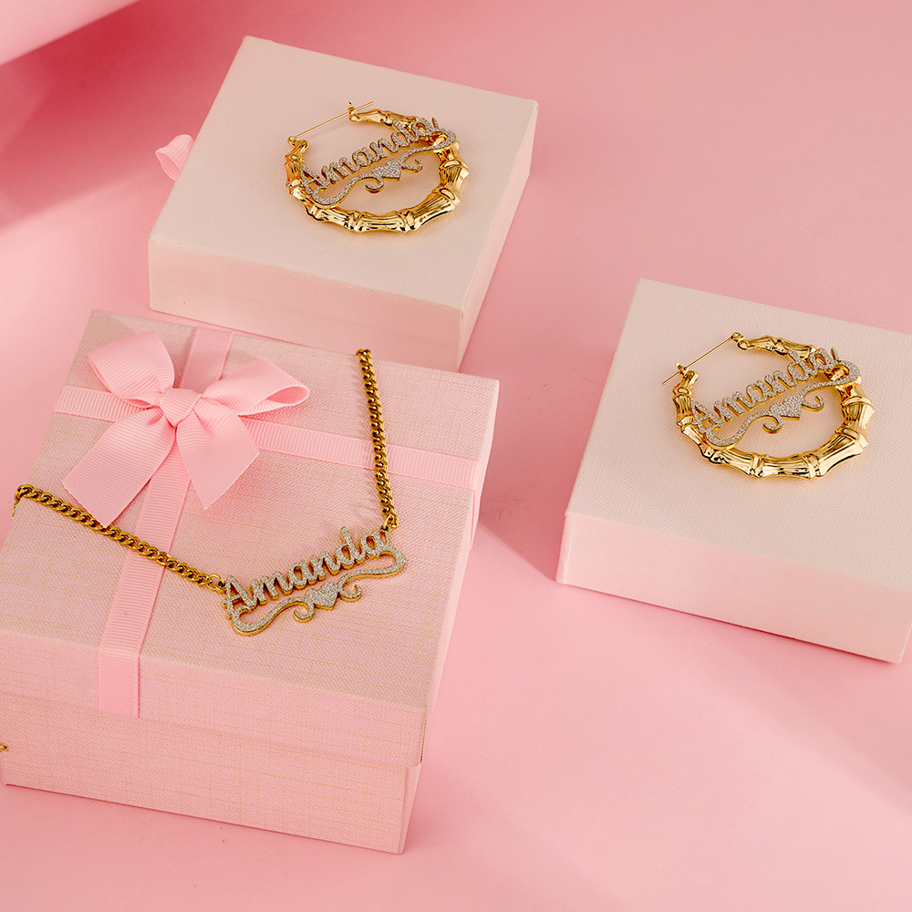 Customized Sparkling Nameplate Heart Necklace and Bamboo Earring Set