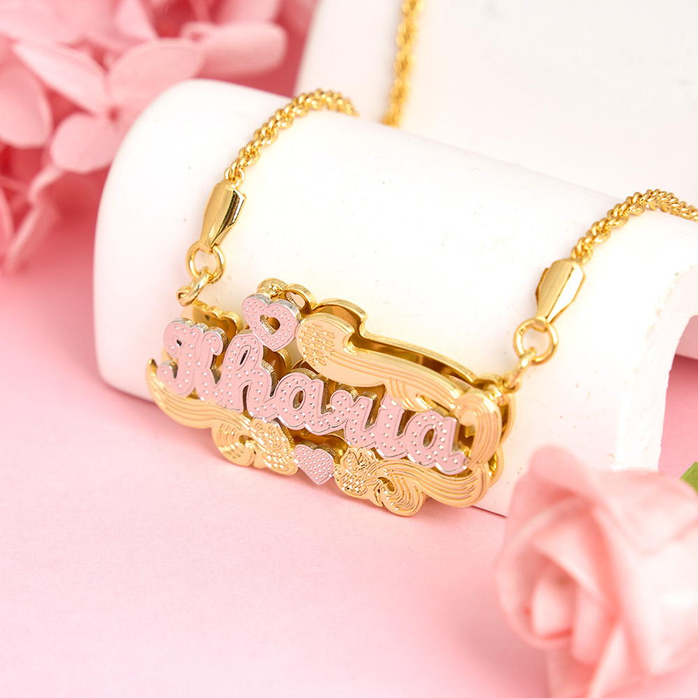 Double Plated Heart Bird Nameplate Necklace Gold Plated