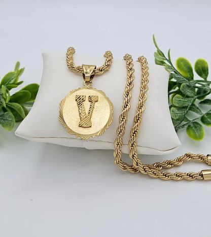 Gold Plated Circle Initial Pendant Rope Chain Necklace