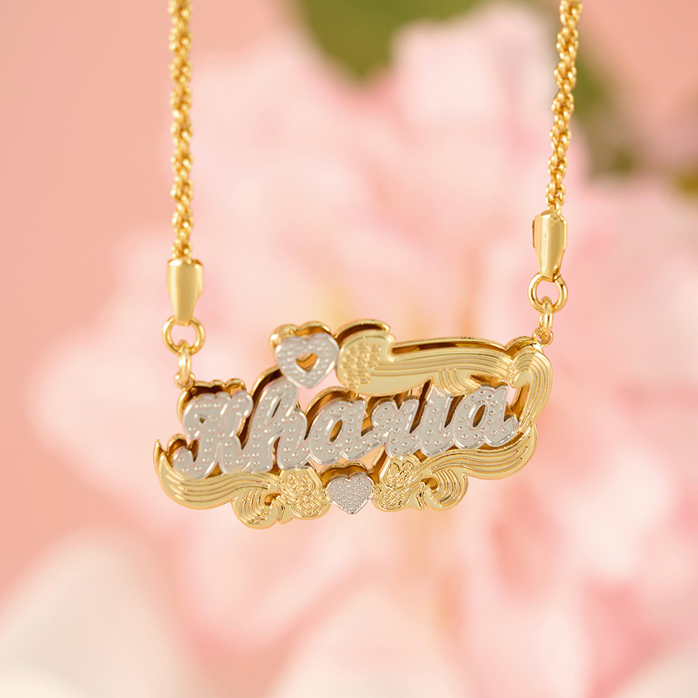 Double Plated Heart Bird Nameplate Necklace Gold Plated