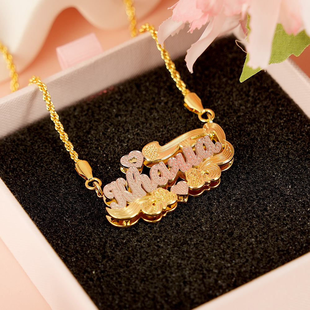 Double Plated Heart Bird Nameplate Necklace Gold Plated