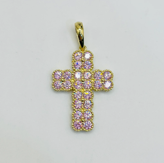 Gold Plated Pink CZ Clover Cross Necklace
