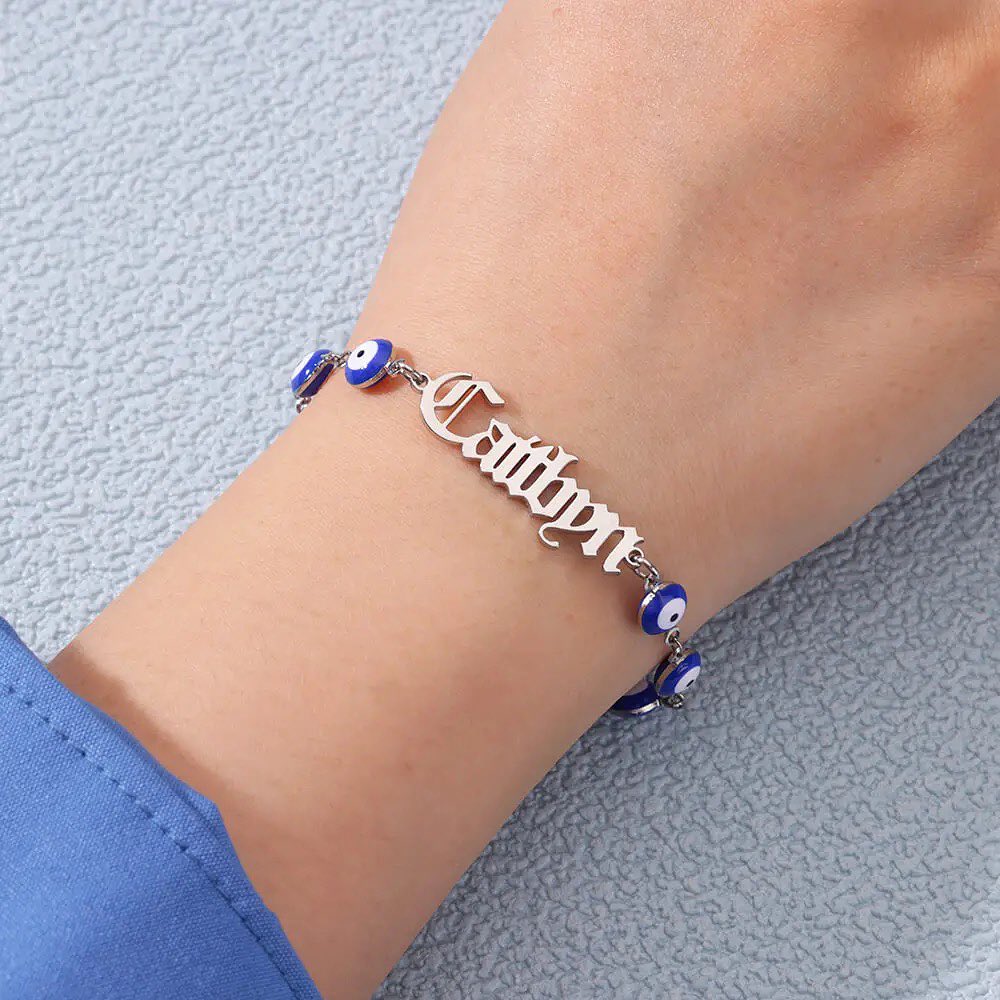 Blue Eye Bracelet Old English Font Gold Plated Personalized Name Bracelet