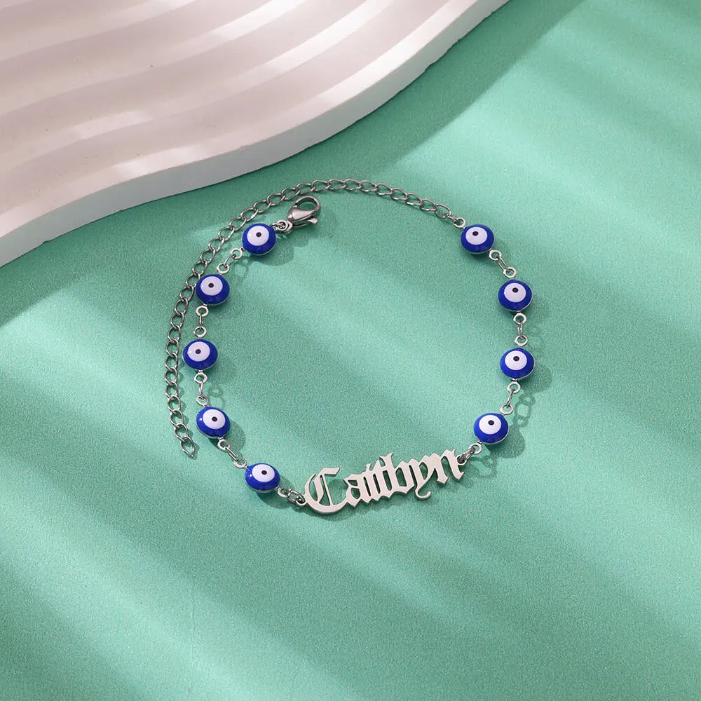 Blue Eye Bracelet Old English Font Gold Plated Personalized Name Bracelet