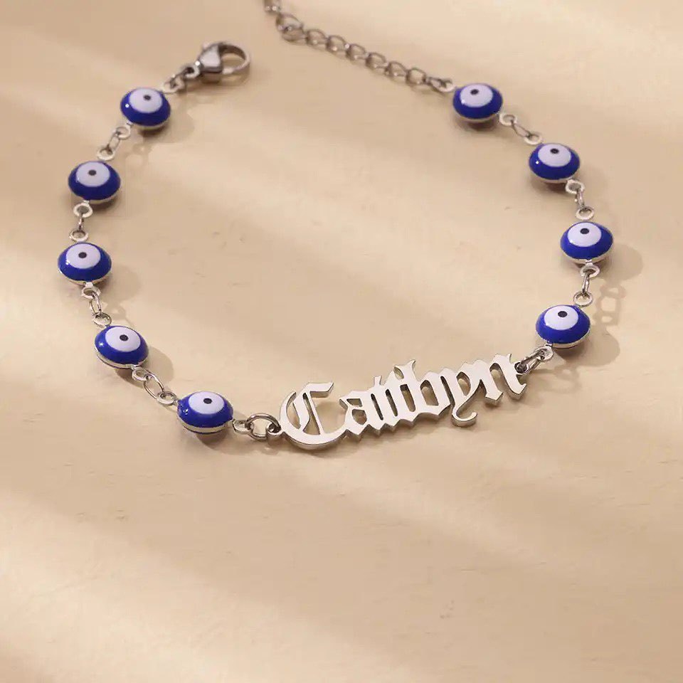 Blue Eye Bracelet Old English Font Gold Plated Personalized Name Bracelet
