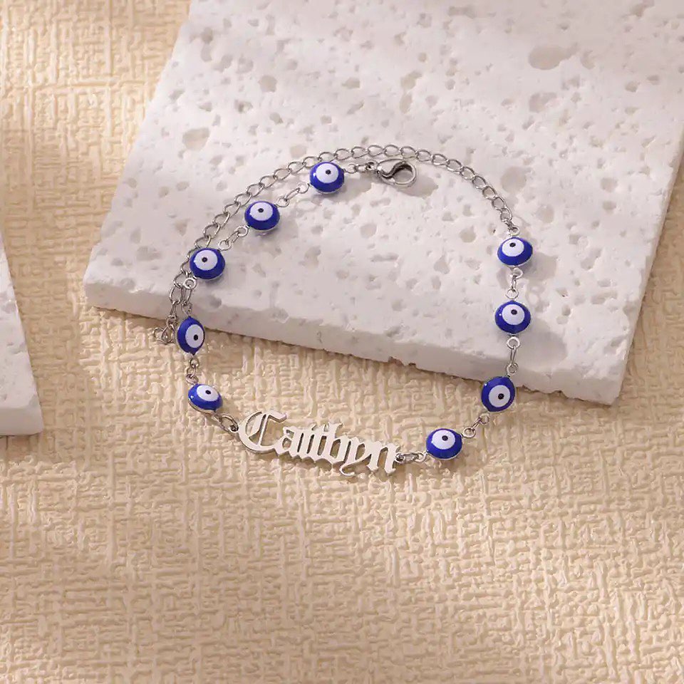 Blue Eye Bracelet Old English Font Gold Plated Personalized Name Bracelet