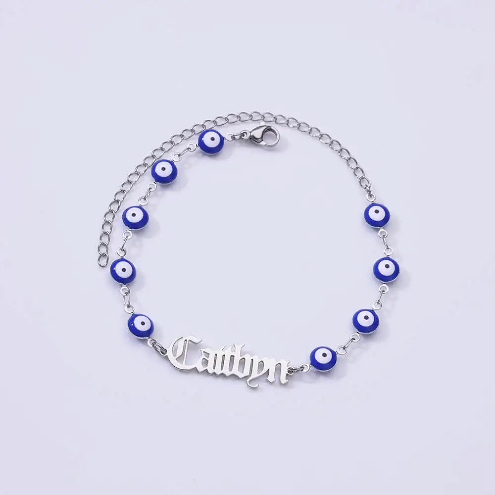 Blue Eye Bracelet Old English Font Gold Plated Personalized Name Brace