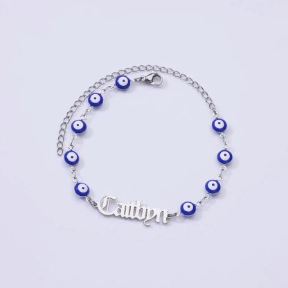 Blue Eye Bracelet Old English Font Gold Plated Personalized Name Bracelet