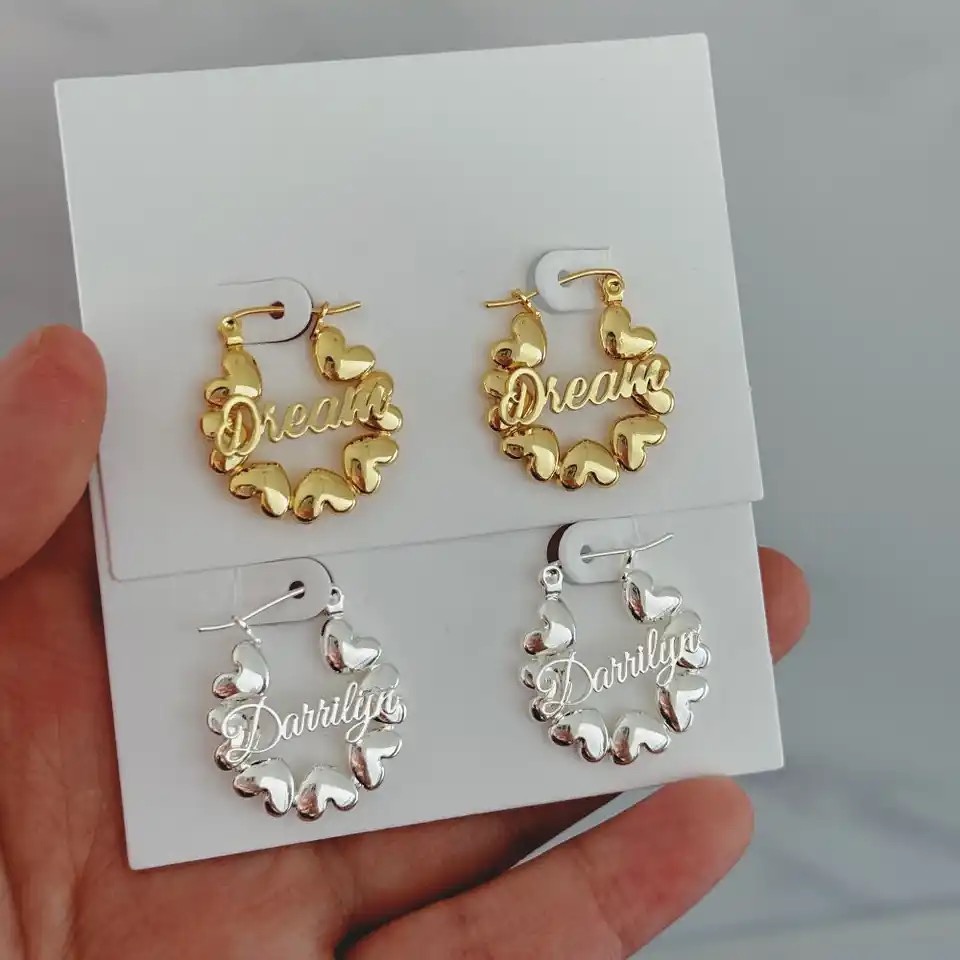 Gold Plated Earrings Custom Name Heart Hoop Earrings