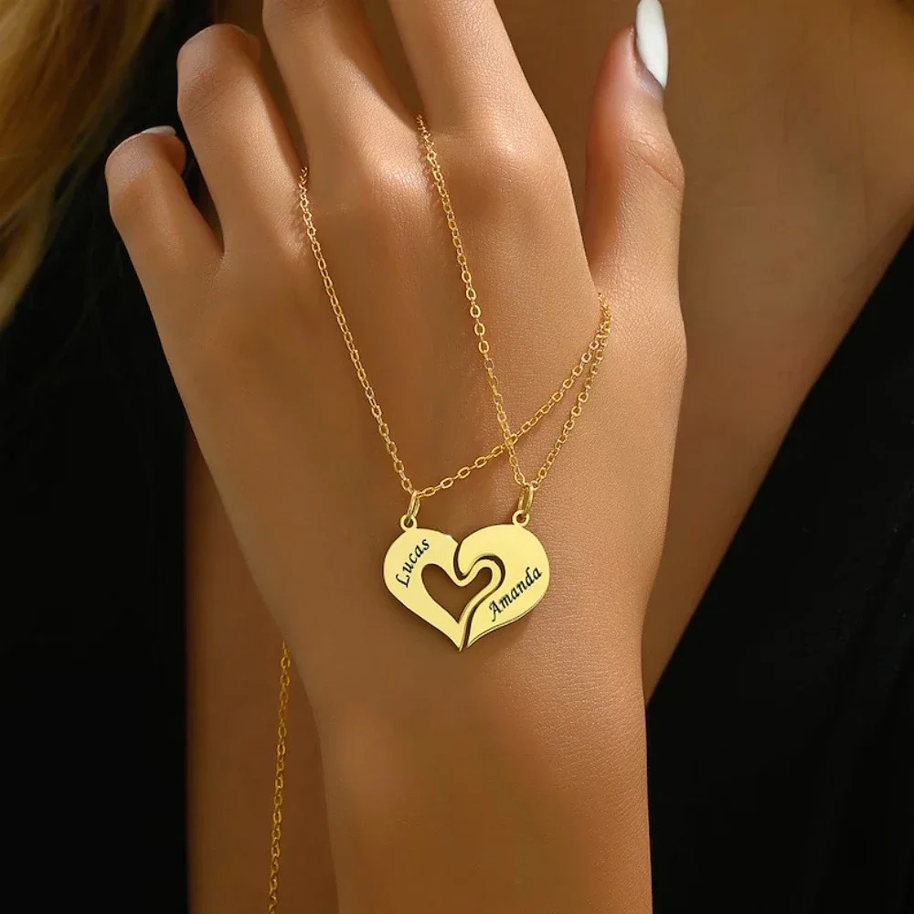 Double Heart Pendant Necklace Custom Couples Necklace