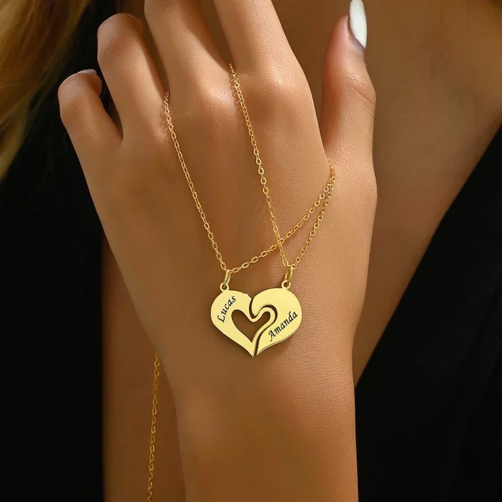 Double Heart Pendant Necklace Custom Couples Necklace