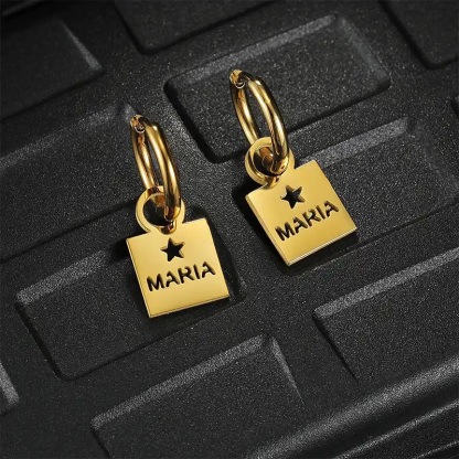 Custom Hollow Nameplate With Heart & Star Dangle Earrings 