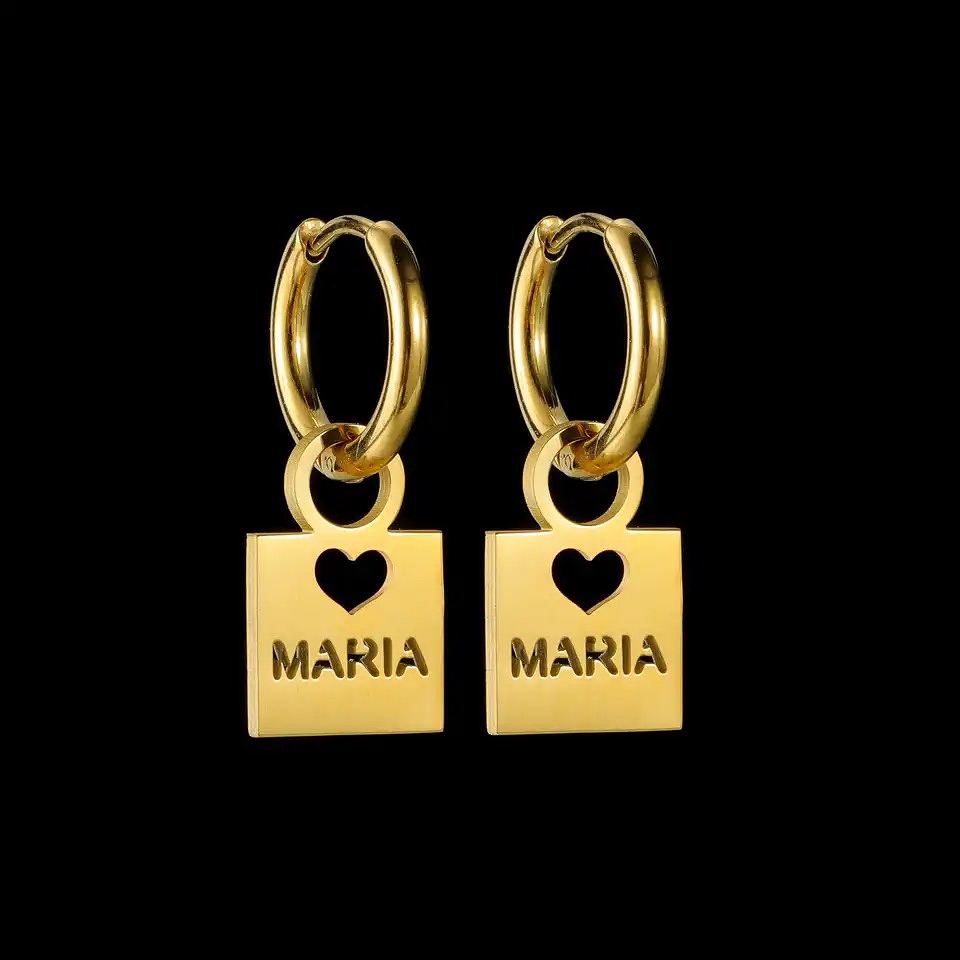Custom Hollow Nameplate With Heart & Star Dangle Earrings 