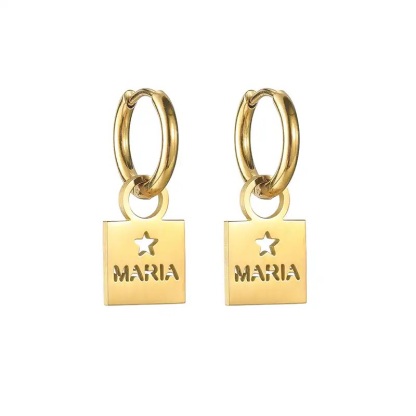 Custom Hollow Nameplate With Heart & Star Dangle Earrings 