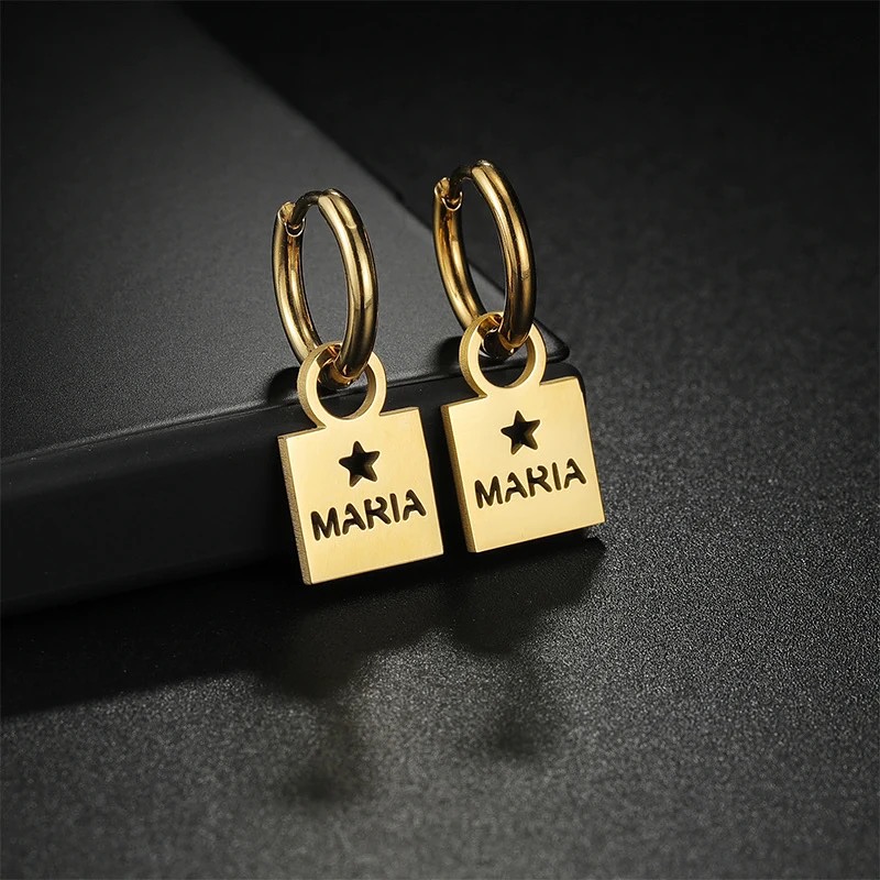Custom Hollow Nameplate With Heart & Star Dangle Earrings 