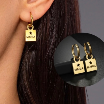 Custom Hollow Nameplate With Heart & Star Dangle Earrings 