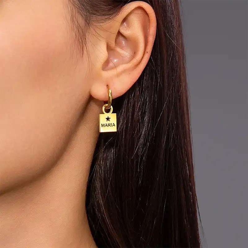 Custom Hollow Nameplate With Heart & Star Dangle Earrings