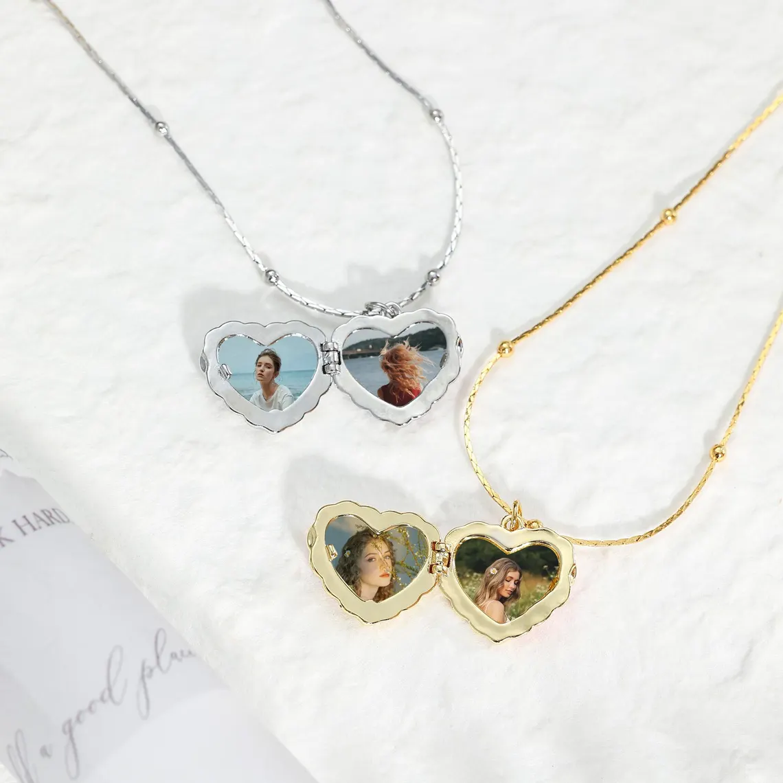 Personalized Dainty Heart Ribbon Bowtie Locket Photo Pendant Necklace