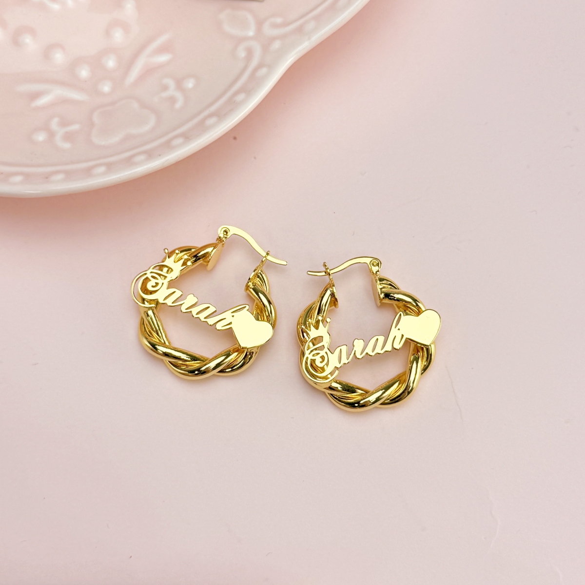 Cute Teddy Bear Name Necklace and Mini Hoop Earrings Jewelry Set