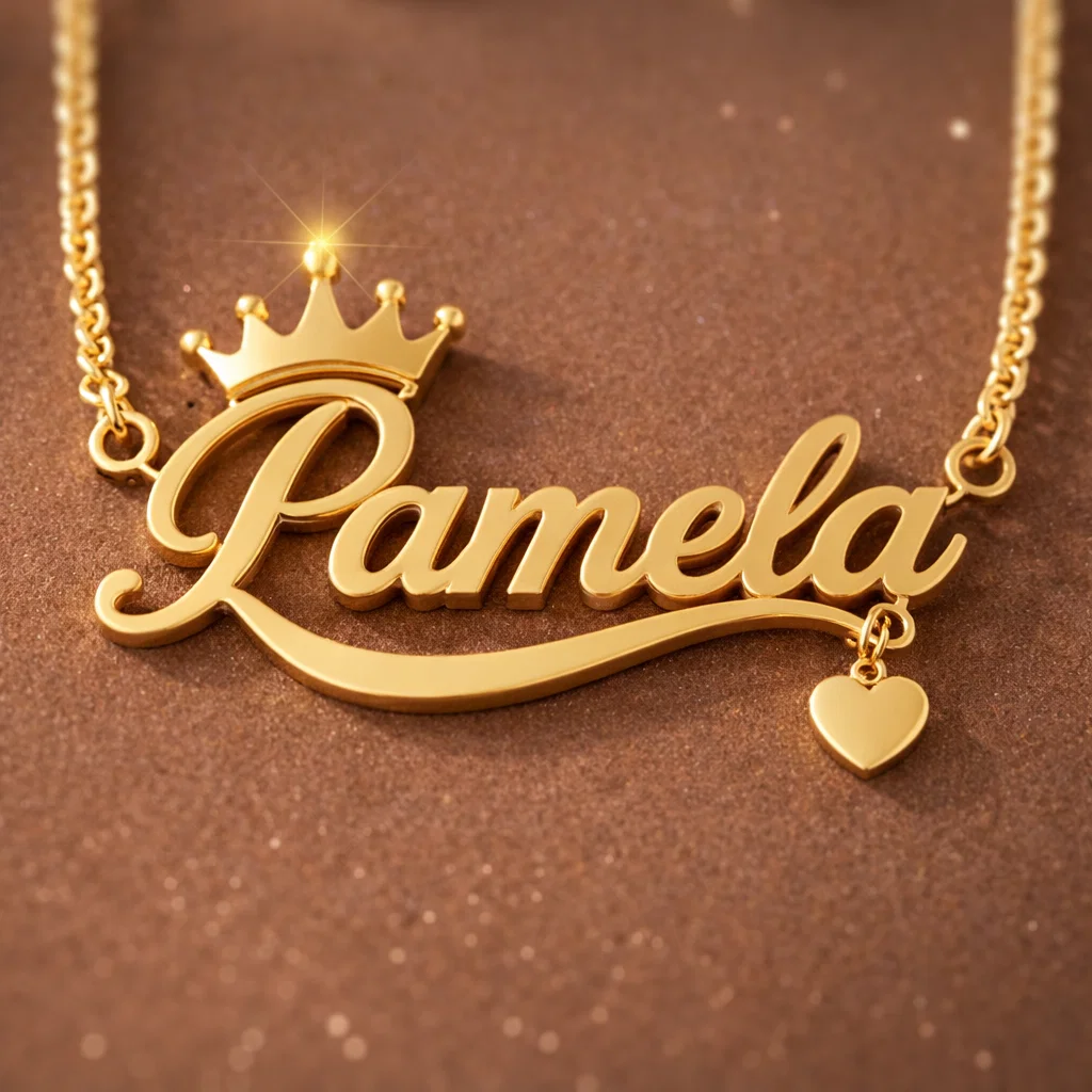 Custom Personalized Crown Nameplate Necklace with Underline Heart Pendant