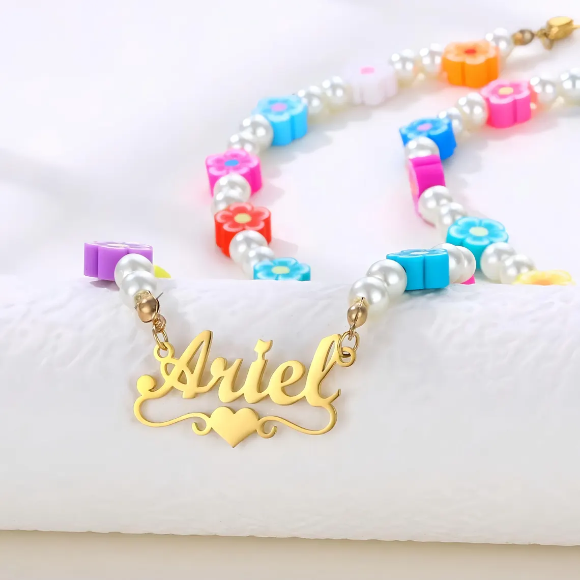 Heart Nameplate Pendant Pearl Chain with Colorful Flower Beads