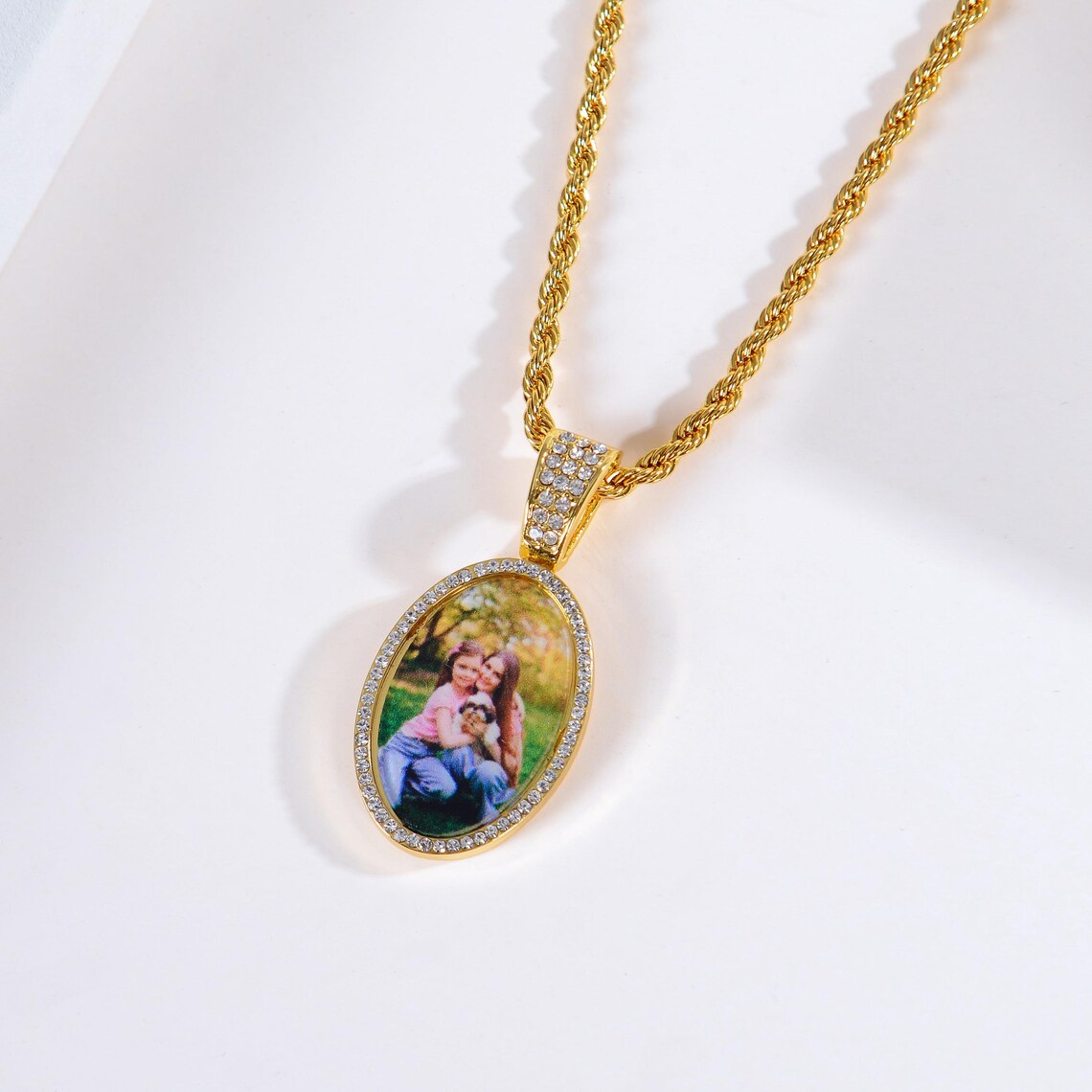 Personalized Diamond Oval Photo Pendant Necklace Rope Chain