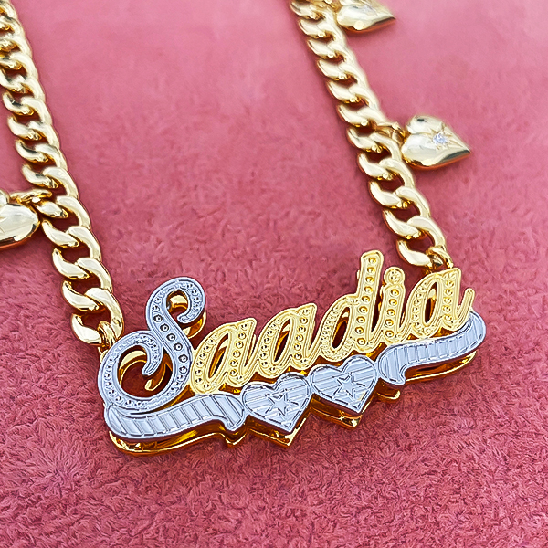 Double Plated Two Tone Two Hearts Pendant Personalized Gold Plated Name Necklace