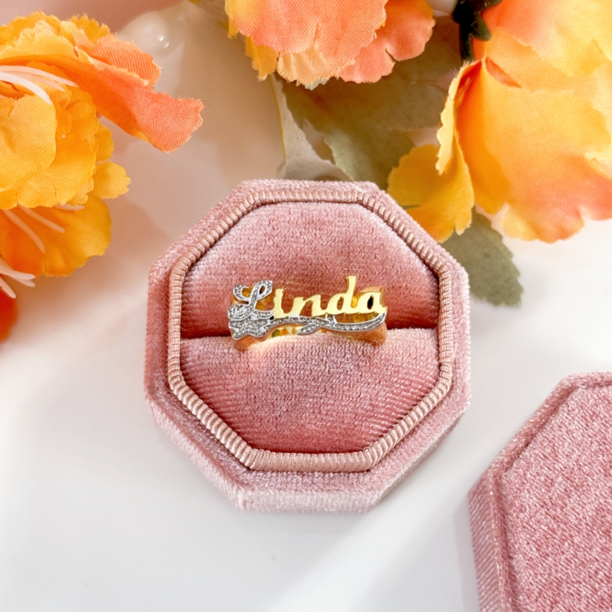 Personalized Flower Design Two Tone Name Ring