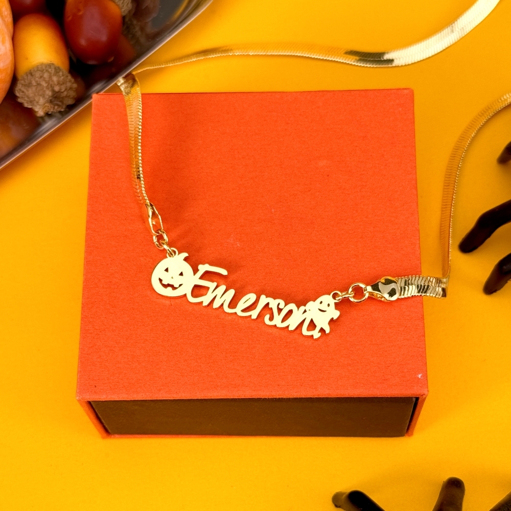 Snake Chain Halloween Pumpkin Ghost Nameplate Pendant Necklace