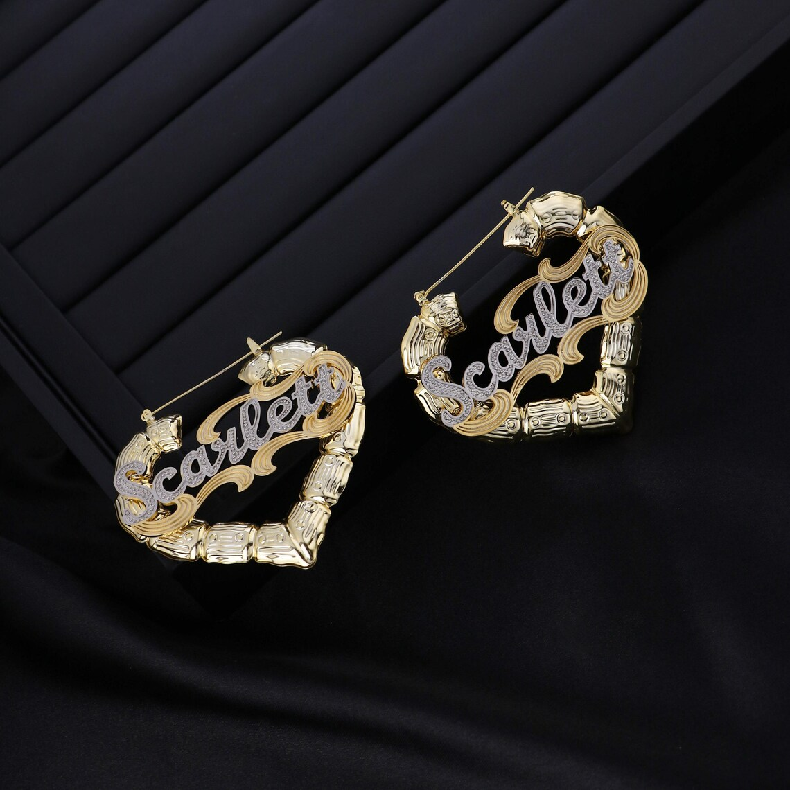 Custom Two Tone Name Earrings Heart Bamboo Earrings