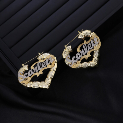 Custom Two Tone Name Earrings Heart Bamboo Earrings