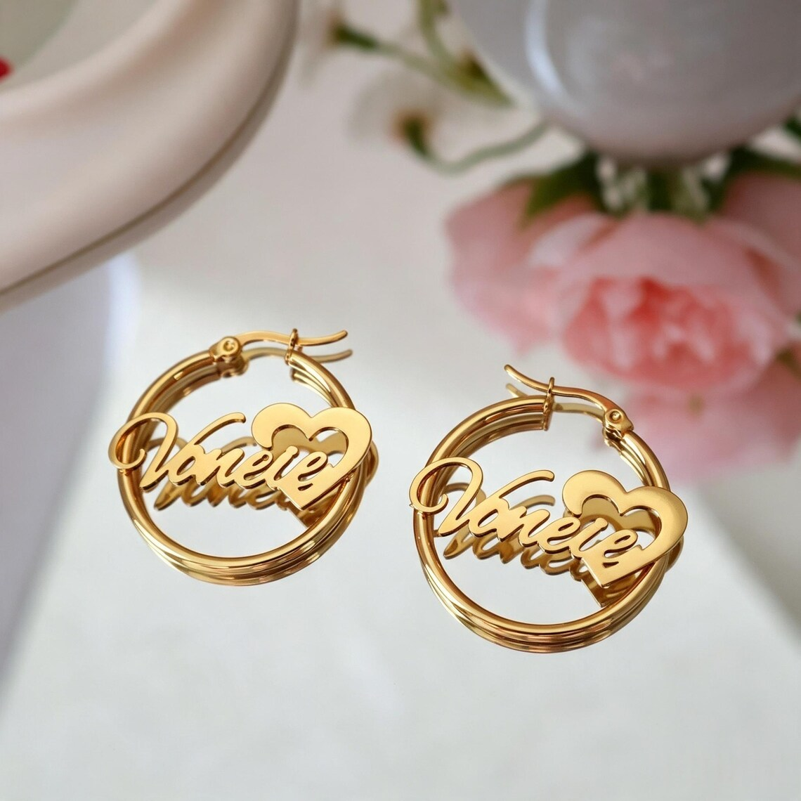 Personalized Heart Nameplate Mini Hoop Earrings