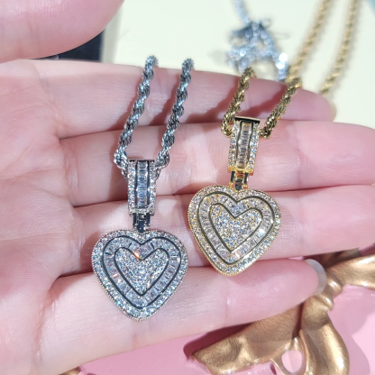 Rope Chain Iced Out Mini Baguette Heart Pendant Necklace