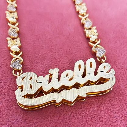 Teddy XOXO Chain Double Layer Heart Personalized Custom Gold Plated Name Necklace