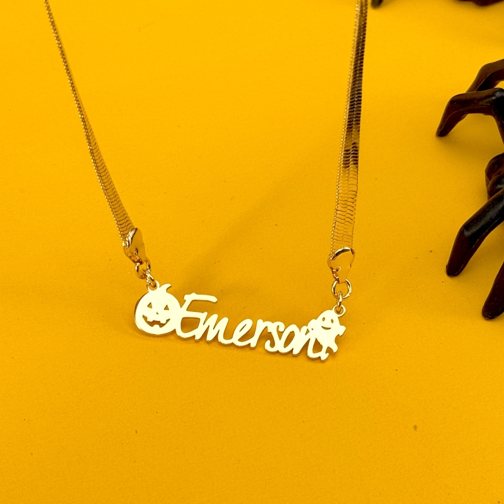 Snake Chain Halloween Pumpkin Ghost Nameplate Pendant Necklace