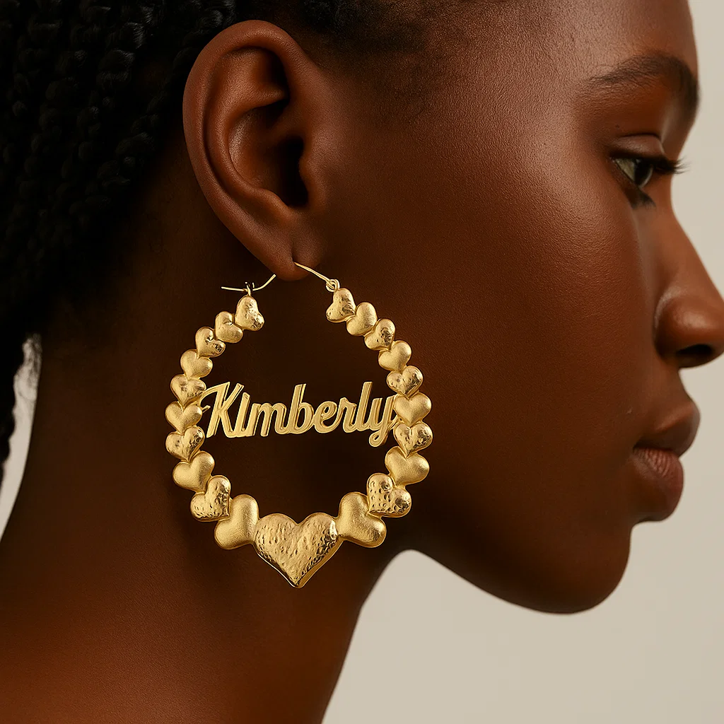 Customized Gold Plated Heart Hoop Earrings with Nameplate