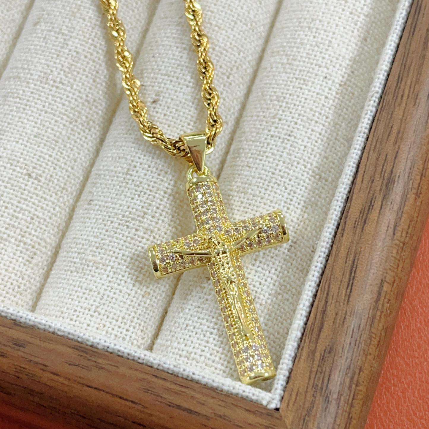 Zirconia Jesus Cross Pendant Necklace Gold Plated