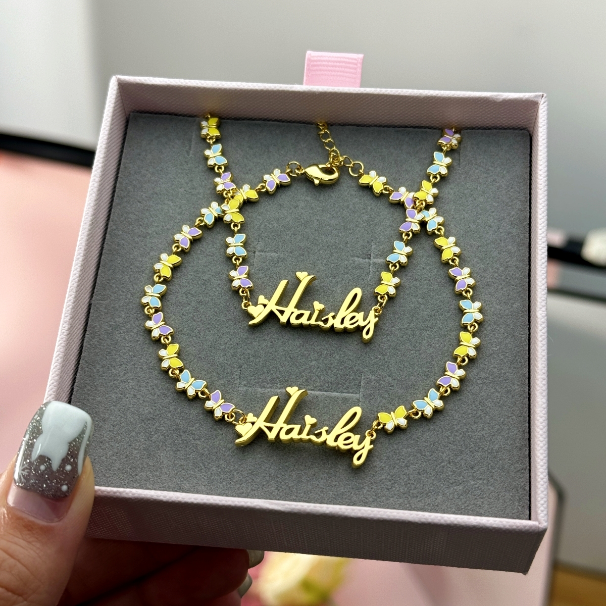 Colorful Butterfly Chain Personalized Custom Name Necklace And Name Bracelet Set