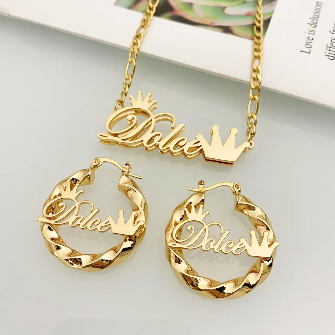 Crown Name Jewerlry Set Custom Double Layer Name Necklace And Name Earrings