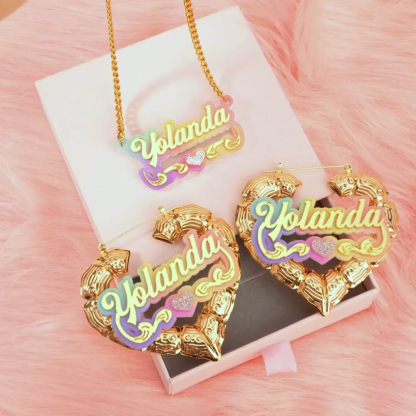 Acrylic Pink Nameplated With Heart Personalized Custom Name Necklace Heart Bamboo Earrings 2pcs Set