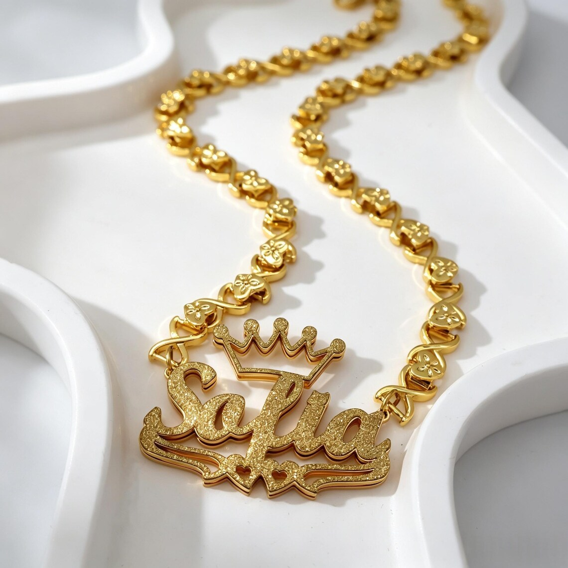 Xoxo Heart Chain Custom Golden Shiny Heart Crown Nameplate Necklace