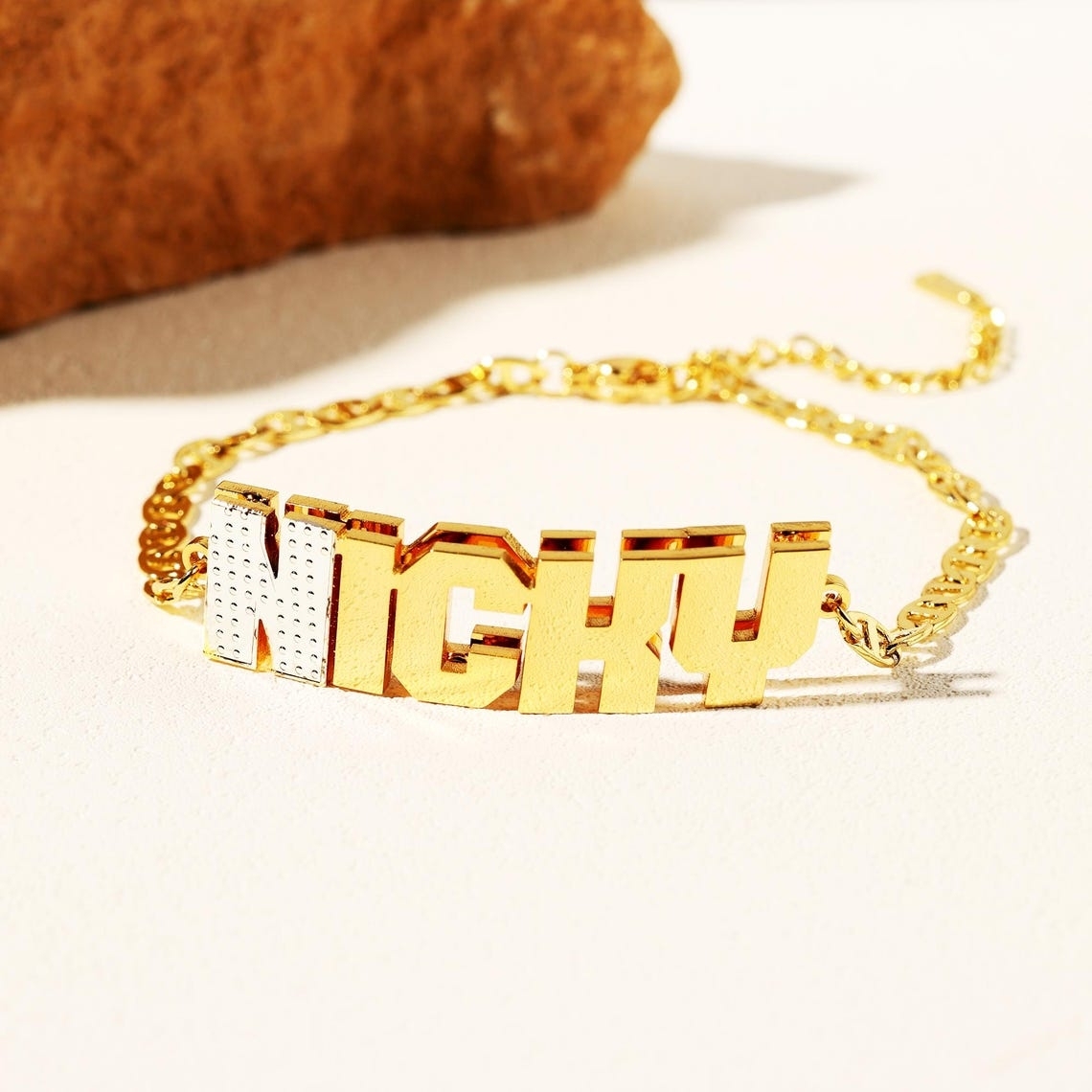 Mariner Chain Custom Two Tone Double Plate Letter Name Bracelet