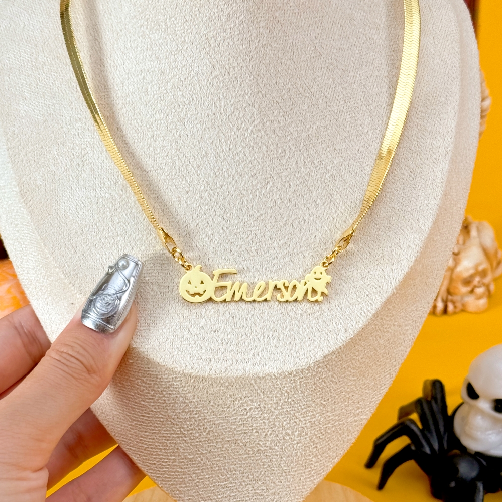 Snake Chain Halloween Pumpkin Ghost Nameplate Pendant Necklace