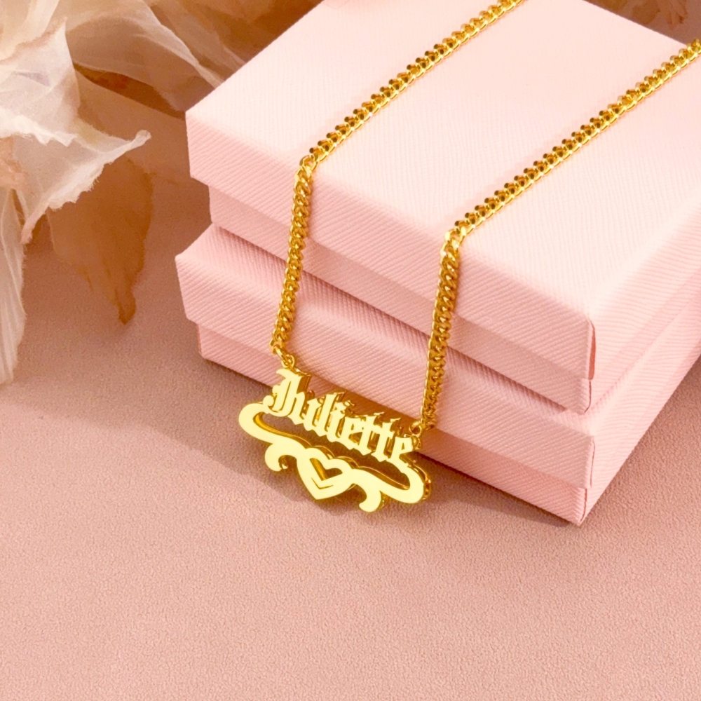 Custom Old English Heart Name Necklace Earrings Jewelry Set