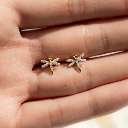 Woman Golden Zirconia Dragonfly Stud Earrings Gifts for Her