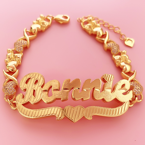 Double Layer Heart with Teddy XOXO Chain Personalized Custom Gold Plated Name Bracelet-silviax