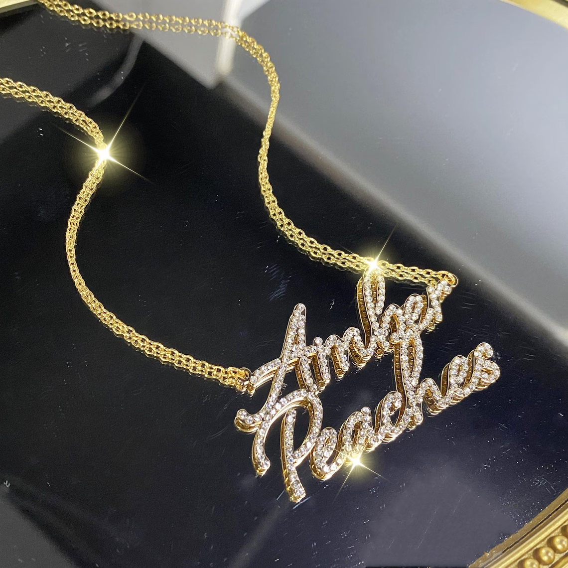Shiny Diamond Custom Couple Names Two Names Necklace