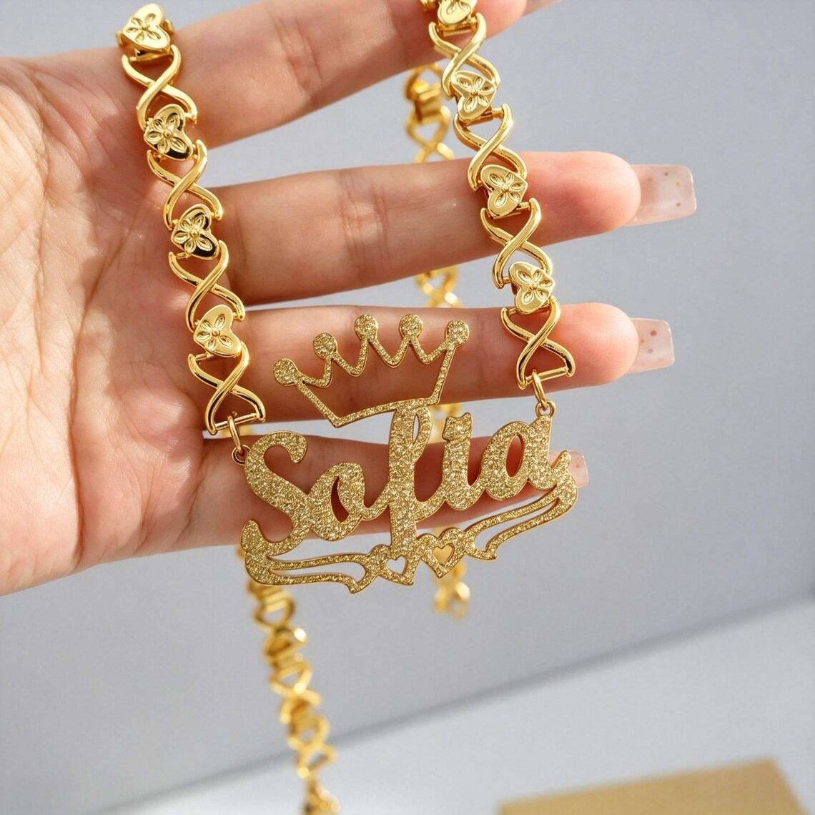 Xoxo Heart Chain Custom Golden Shiny Heart Crown Nameplate Necklace