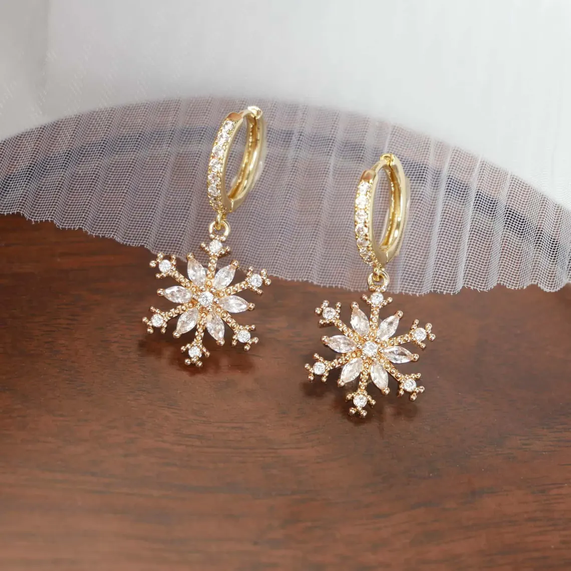 Christmas Winter Snaowflake with Zircons Huggie Earrings Dangle Earrings
