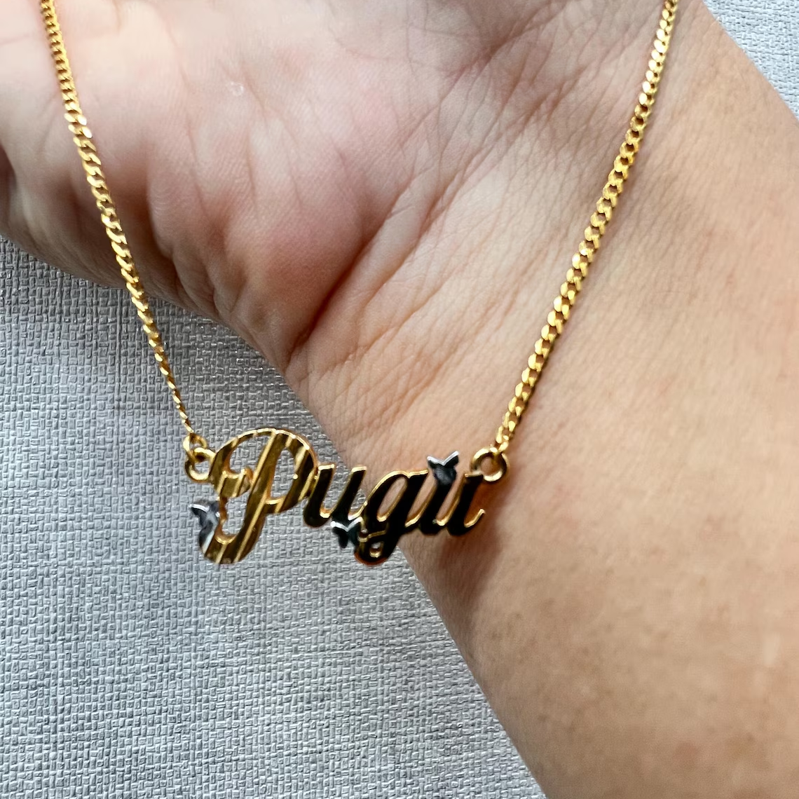 Personalized Two Tone Butterfly Nameplate Necklace